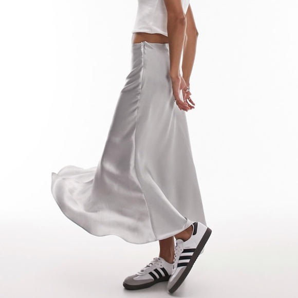 TOPSHOP NWT Silver Fishtail Asymmetric Hem Midi Satin Skirt 8 - Picture 2 of 12
